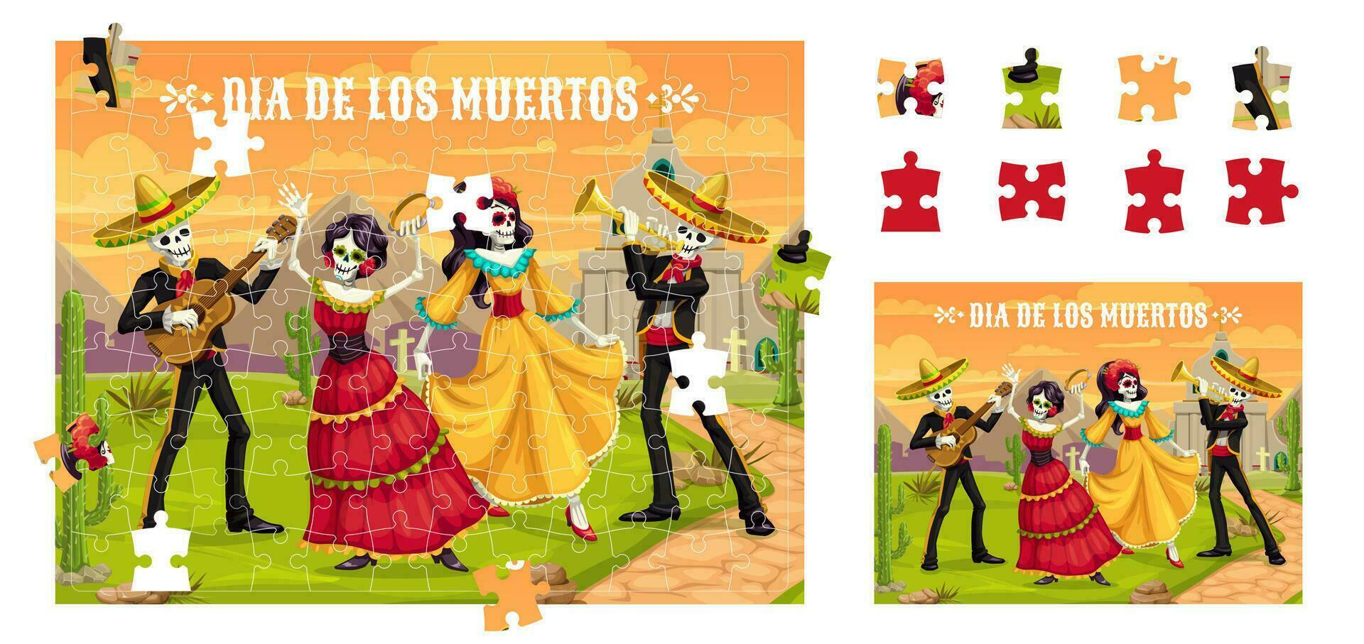 Jigsaw puzzle game, Dia De Los Muertos characters vector