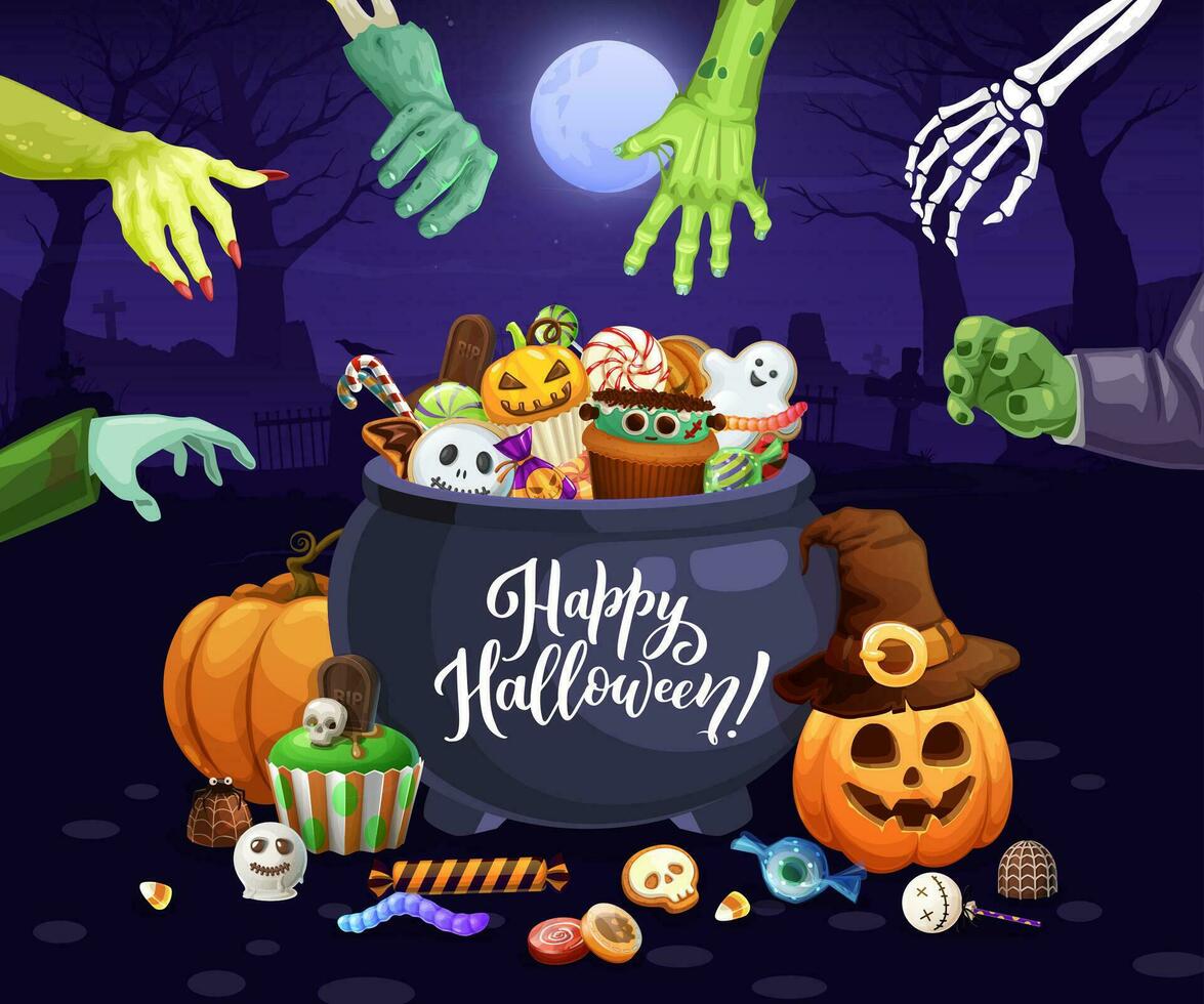 Halloween sweets with holiday monster zombie hands vector