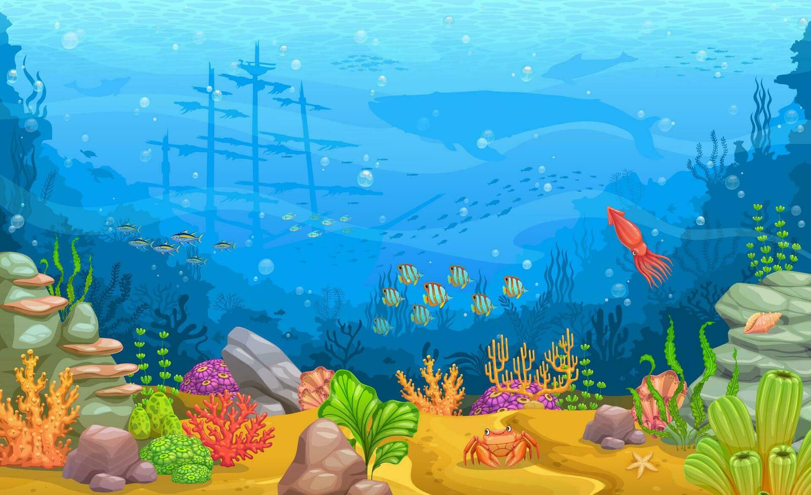 Cartoon sea underwater, ocean bottom landscape vector