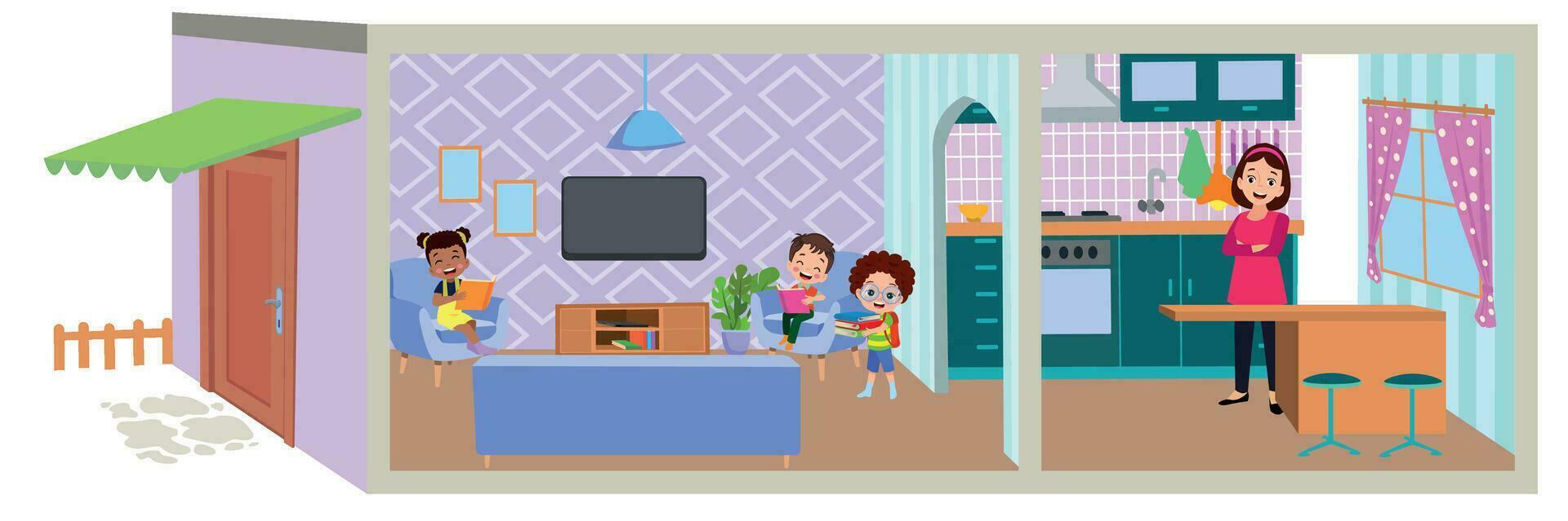 One cute cartoon house and children vector