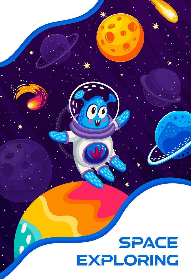 Space exploring poster, cartoon alien character vector