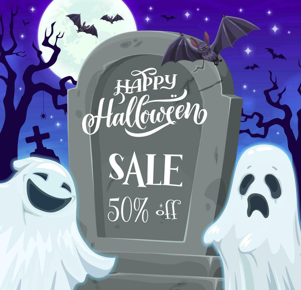 Halloween sale banner cartoon ghosts on gravestone vector