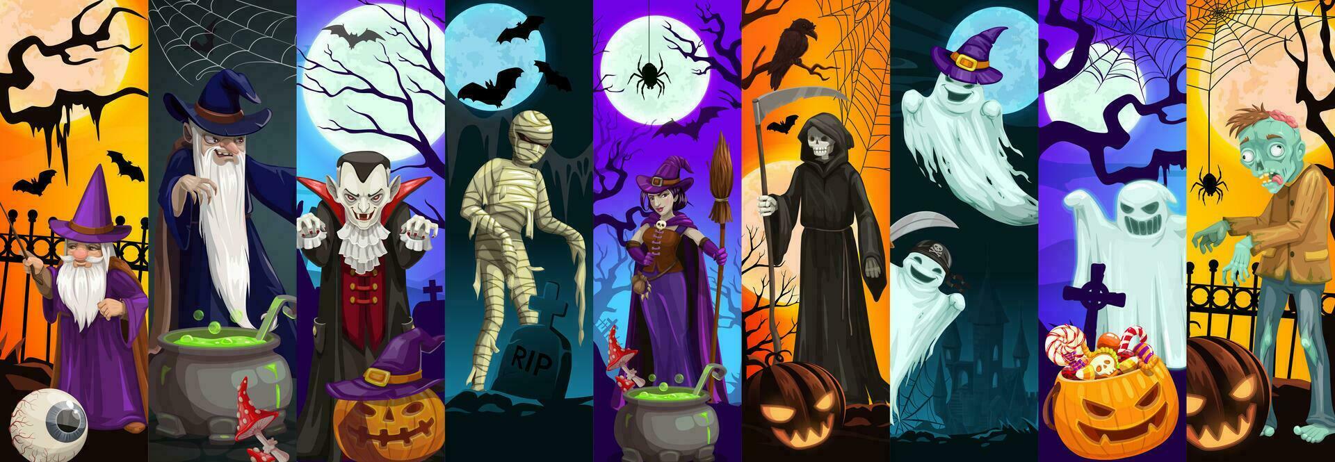 Cartoon Halloween scary monsters characters vector
