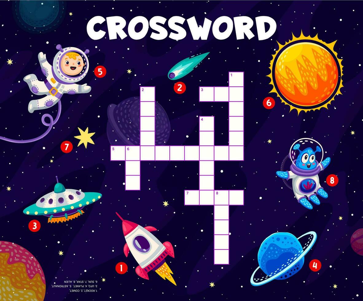 Crossword quiz game, cartoon characters, spaceship vector