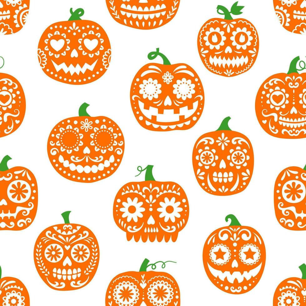 Halloween party pumpkin skulls seamless pattern vector