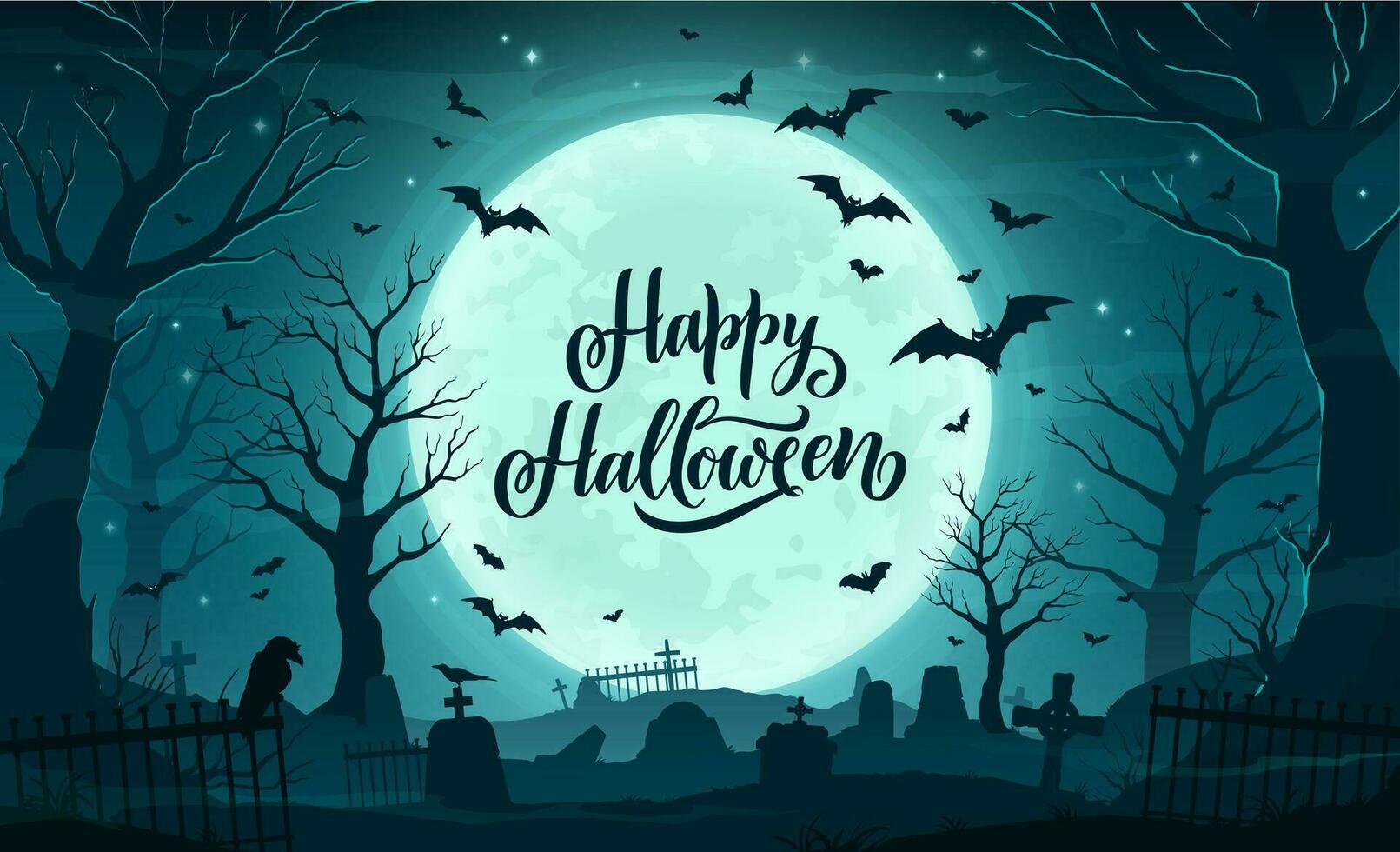 Halloween cemetery landscape, tombstones and bats vector