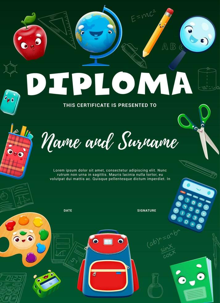 Kids education diploma with stationery characters vector