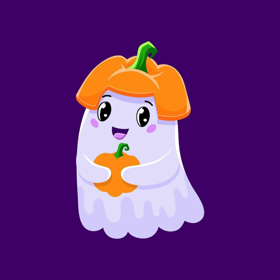 Cartoon cute Halloween kawaii ghost with pumpkin vector
