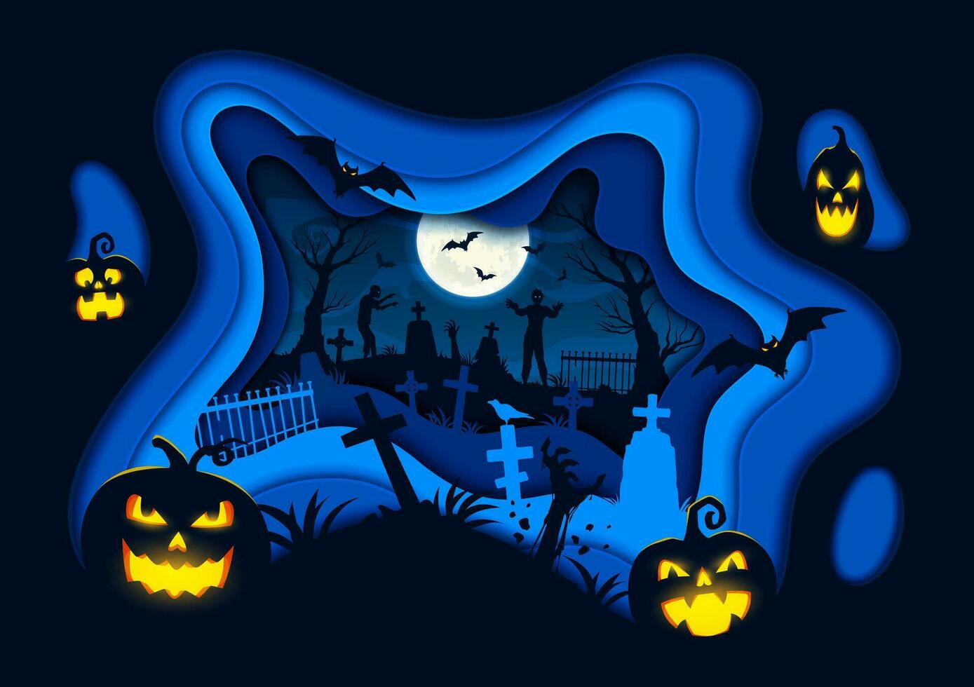 Halloween paper cut scary banner, zombie, pumpkins vector