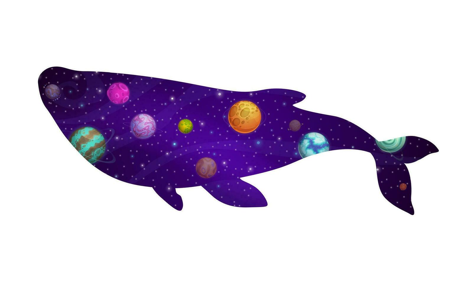 Whale silhouette and galaxy space, stars, planets vector