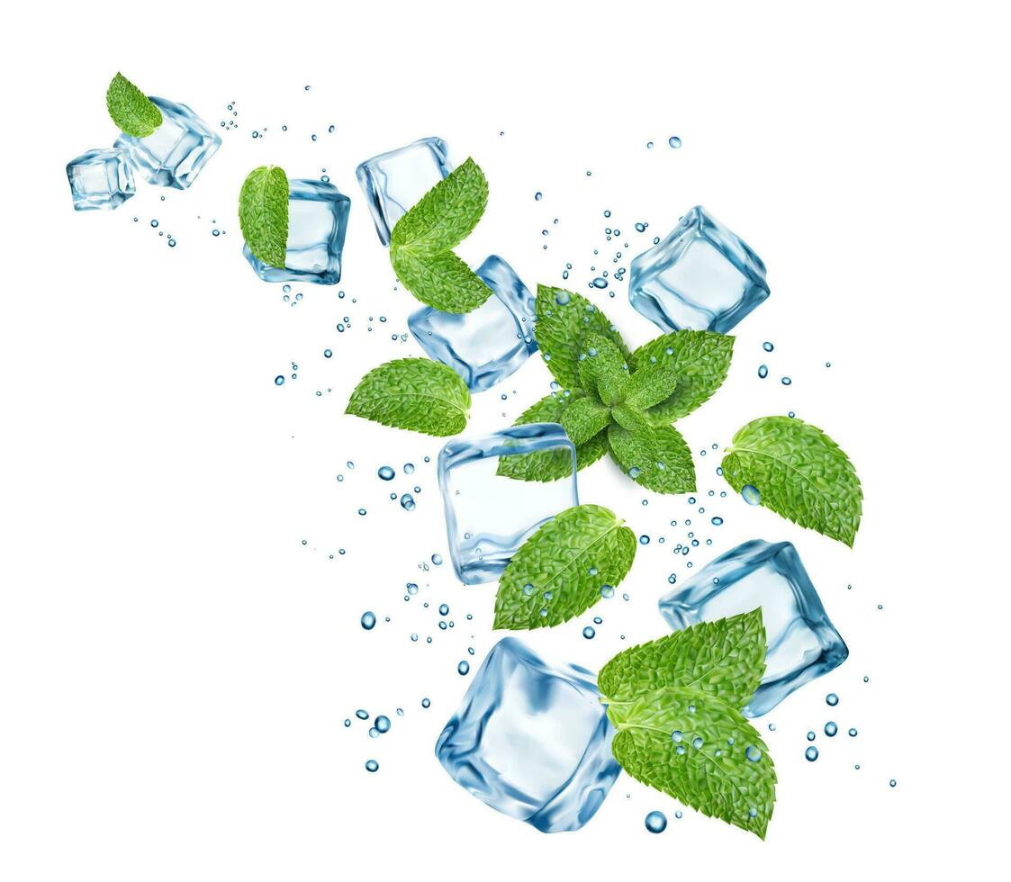 Blue water flow, ice cubes, mint leaves, bubbles vector