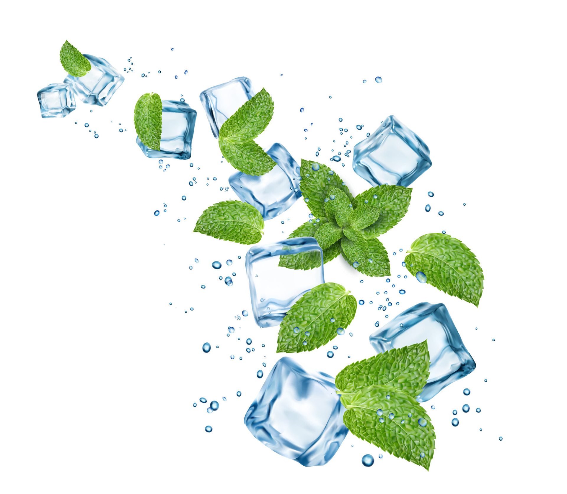 Blue water flow, ice cubes, mint leaves, bubbles 29693920 Vector Art at
