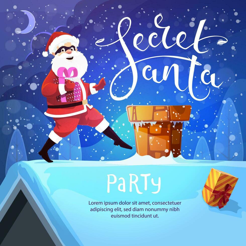 Secret Santa party. Cartoon funny Santa character vector