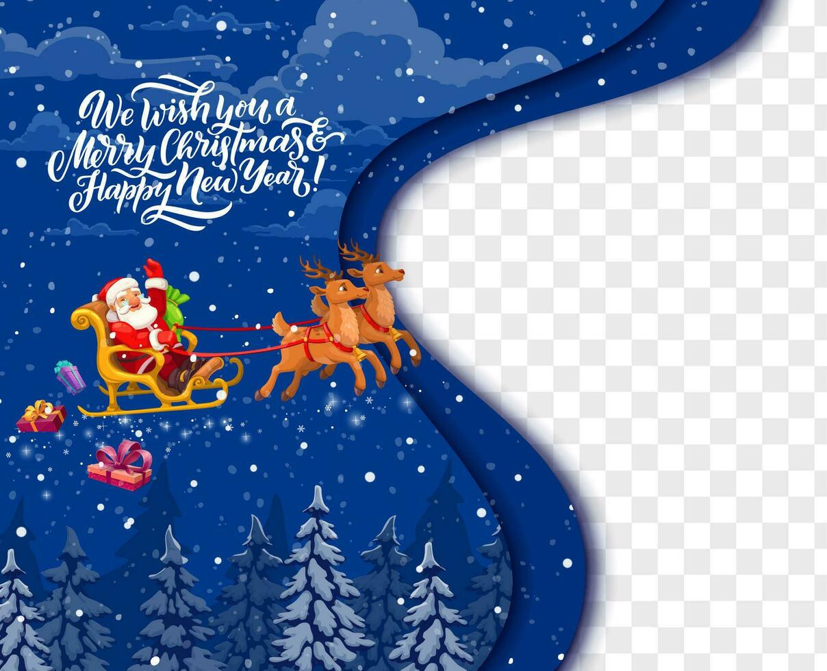 Papa Noel volador en trineo Navidad papel cortar tarjeta vector