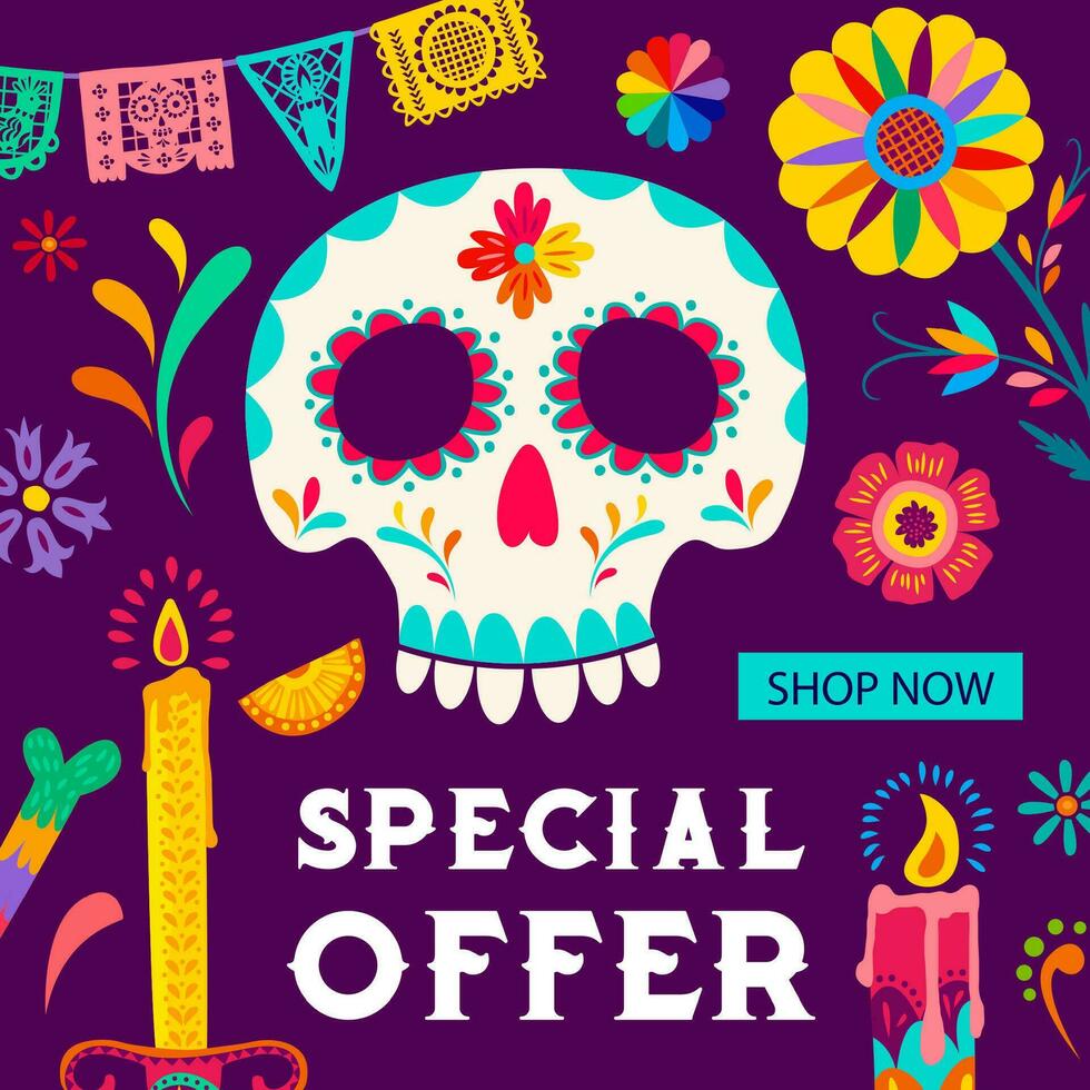 Day of Dead holiday sale banner, skull, marigolds vector