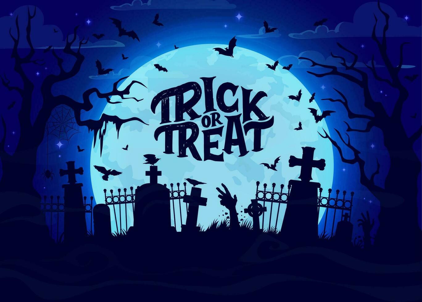 Halloween cemetery with zombie hands silhouettes vector