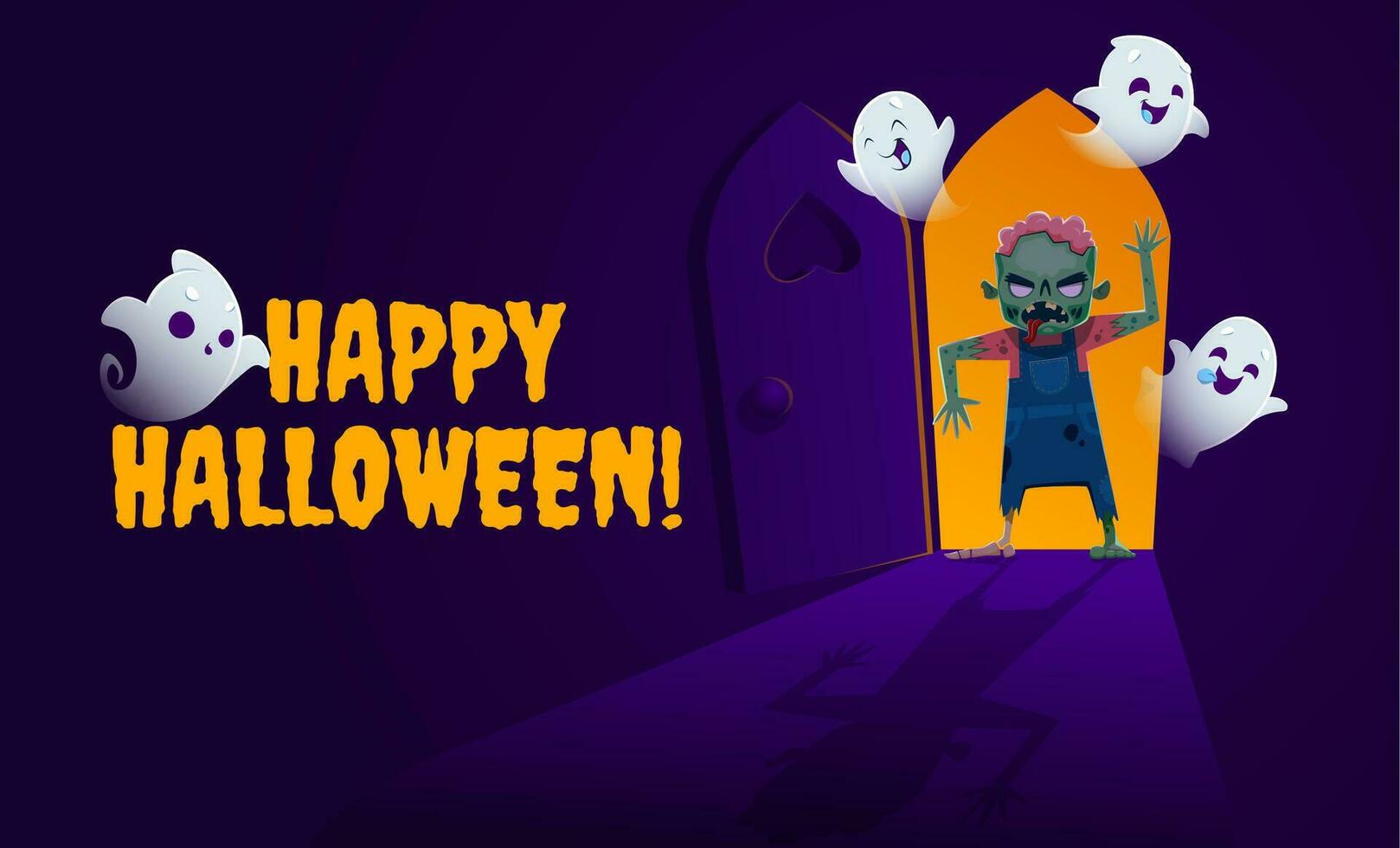 Zombie and kawaii ghosts in door, Halloween banner vector