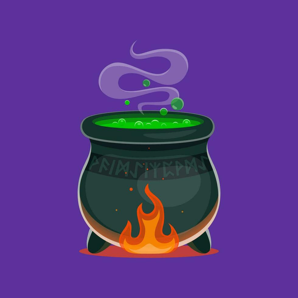 Halloween witch potion cauldron, magic poison pot vector