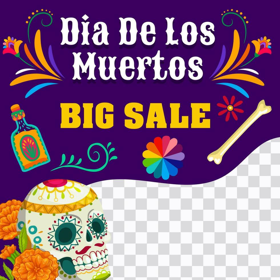 Day of Dead sale banner, sugar skull and marigolds vector