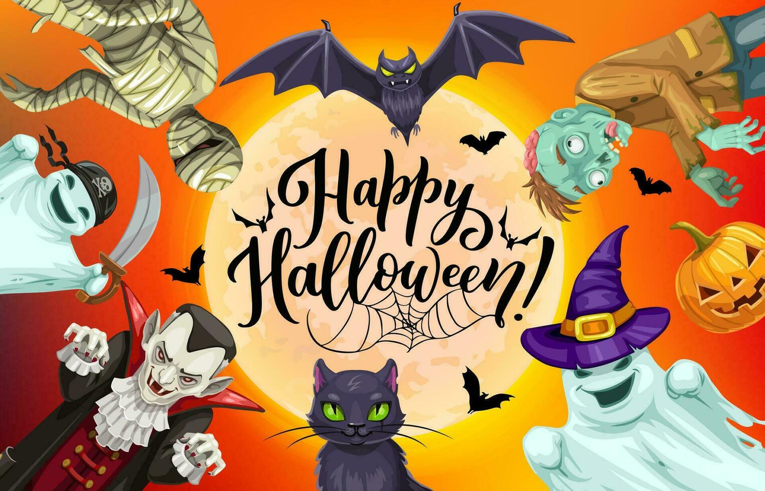 Cartoon Halloween scary holiday characters, moon vector