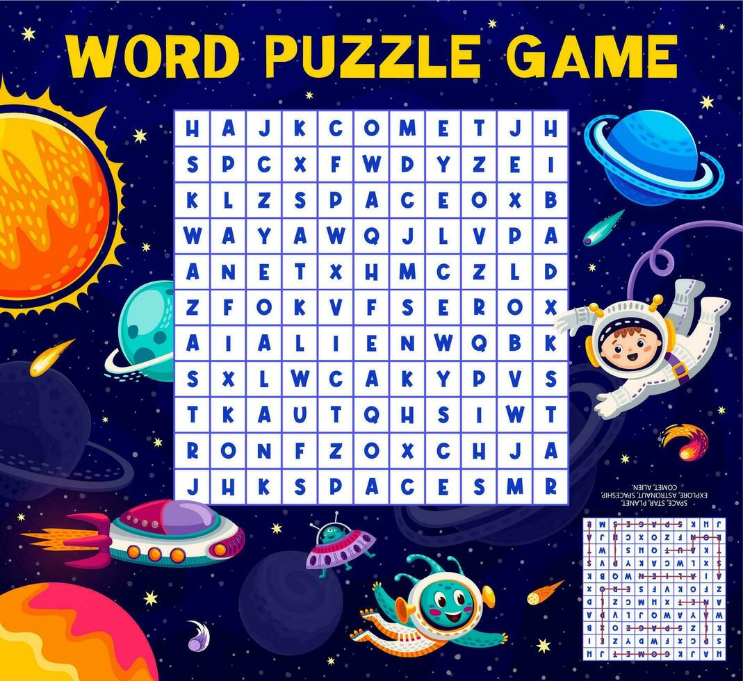 Space word search game with planets, astronauts vector