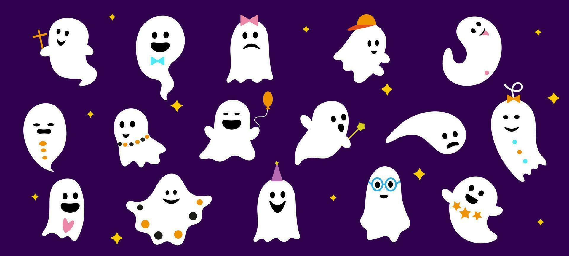 Halloween cute kawaii flying ghosts characters set vector
