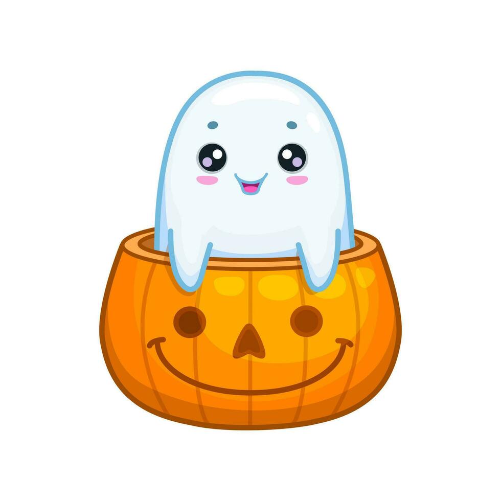 Víspera de Todos los Santos kawaii fantasma asoma fuera desde un calabaza vector