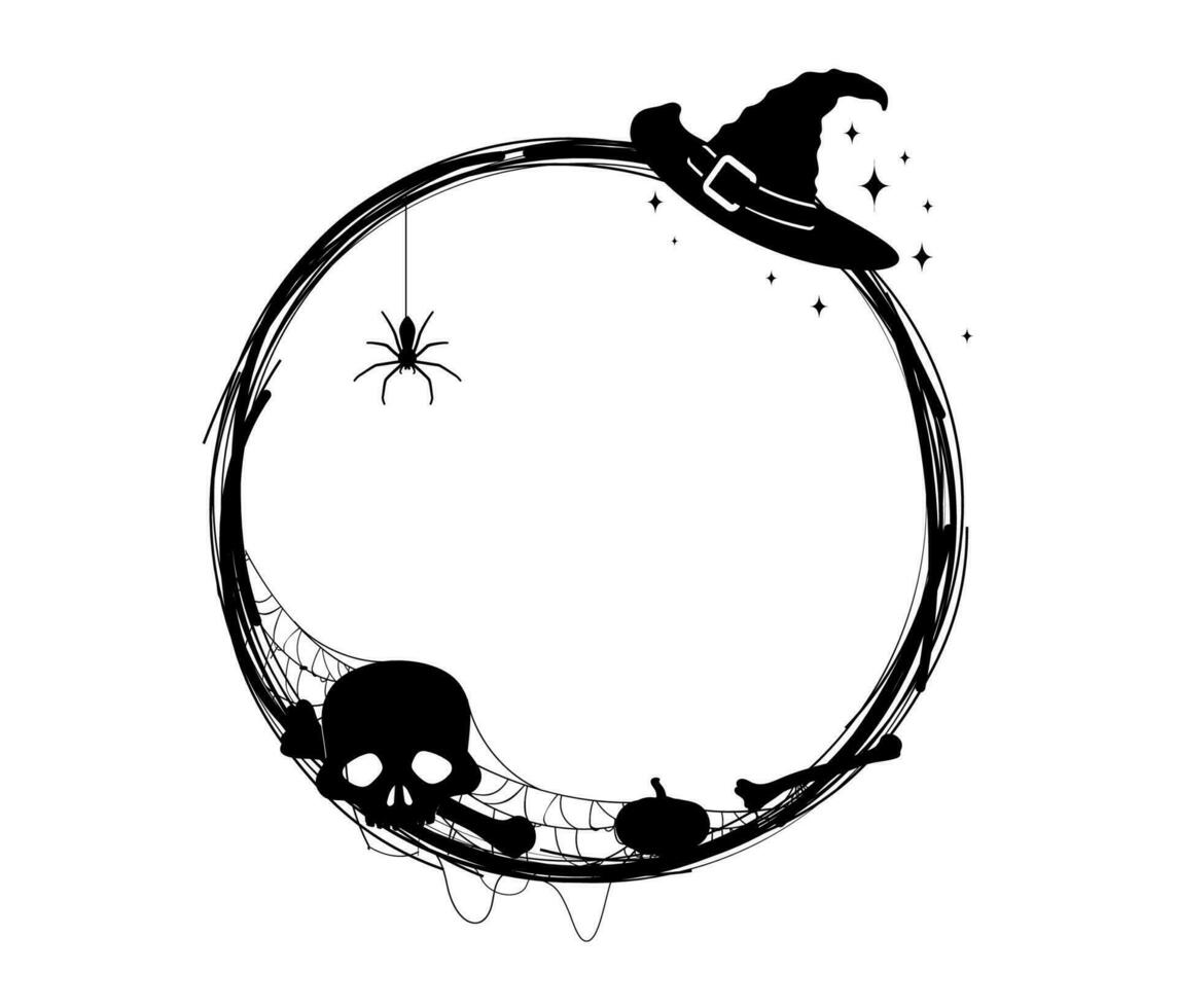 Halloween holiday black frame, skull and witch hat vector