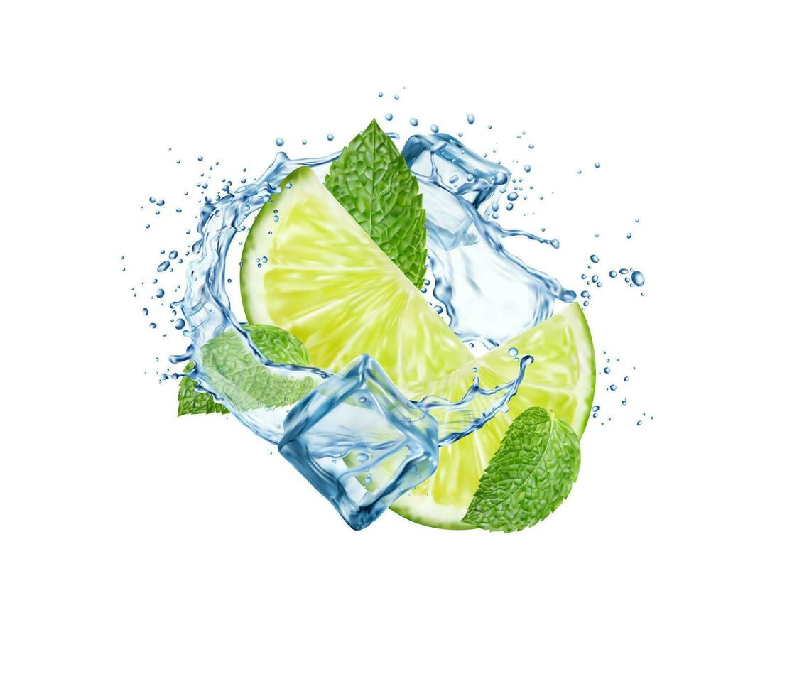 Realistic mojito drink splash with lime, ice cubes vector