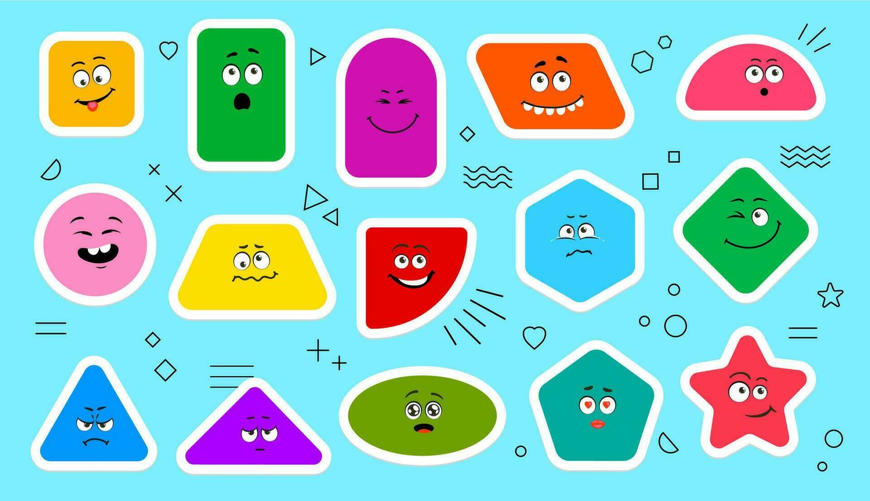Math figure shape stickers, geometric characters vector