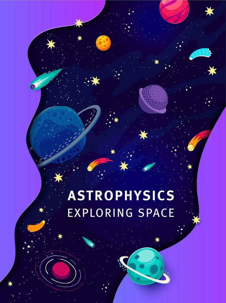 astrofísica póster, dibujos animados galaxia planetas, cometa vector