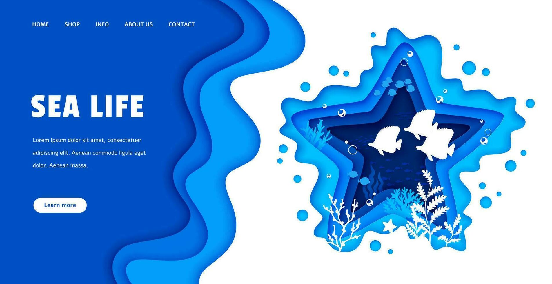 Landing page. Sea paper cut landscape with fish vector