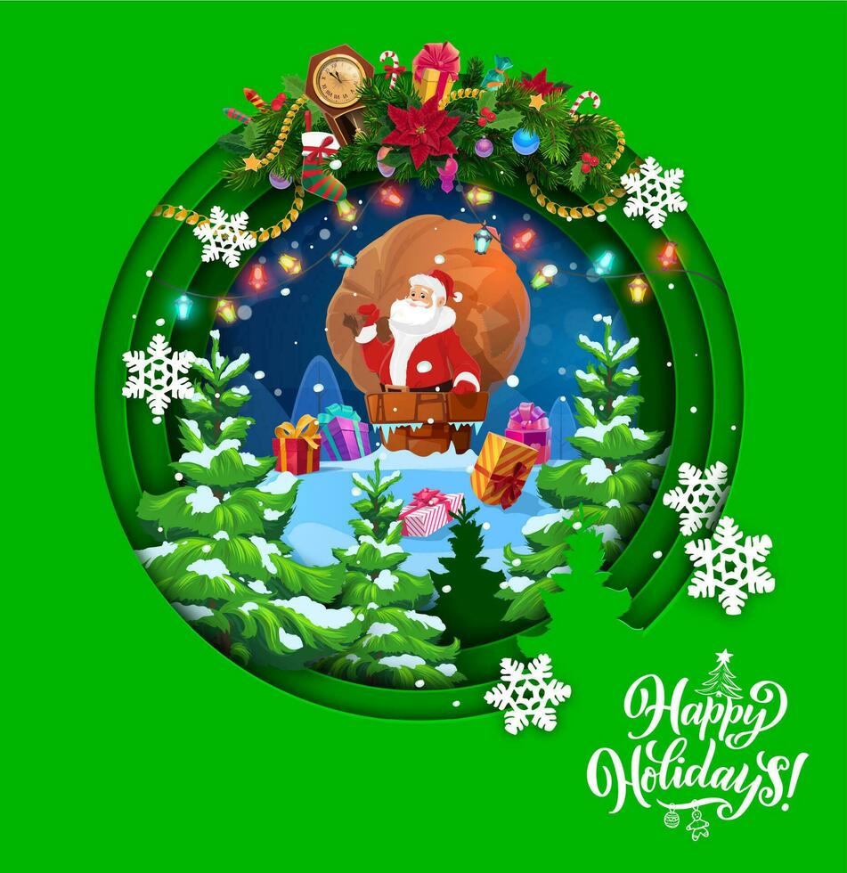 Cartoon Santa with bag on roof christmas paper cut vector