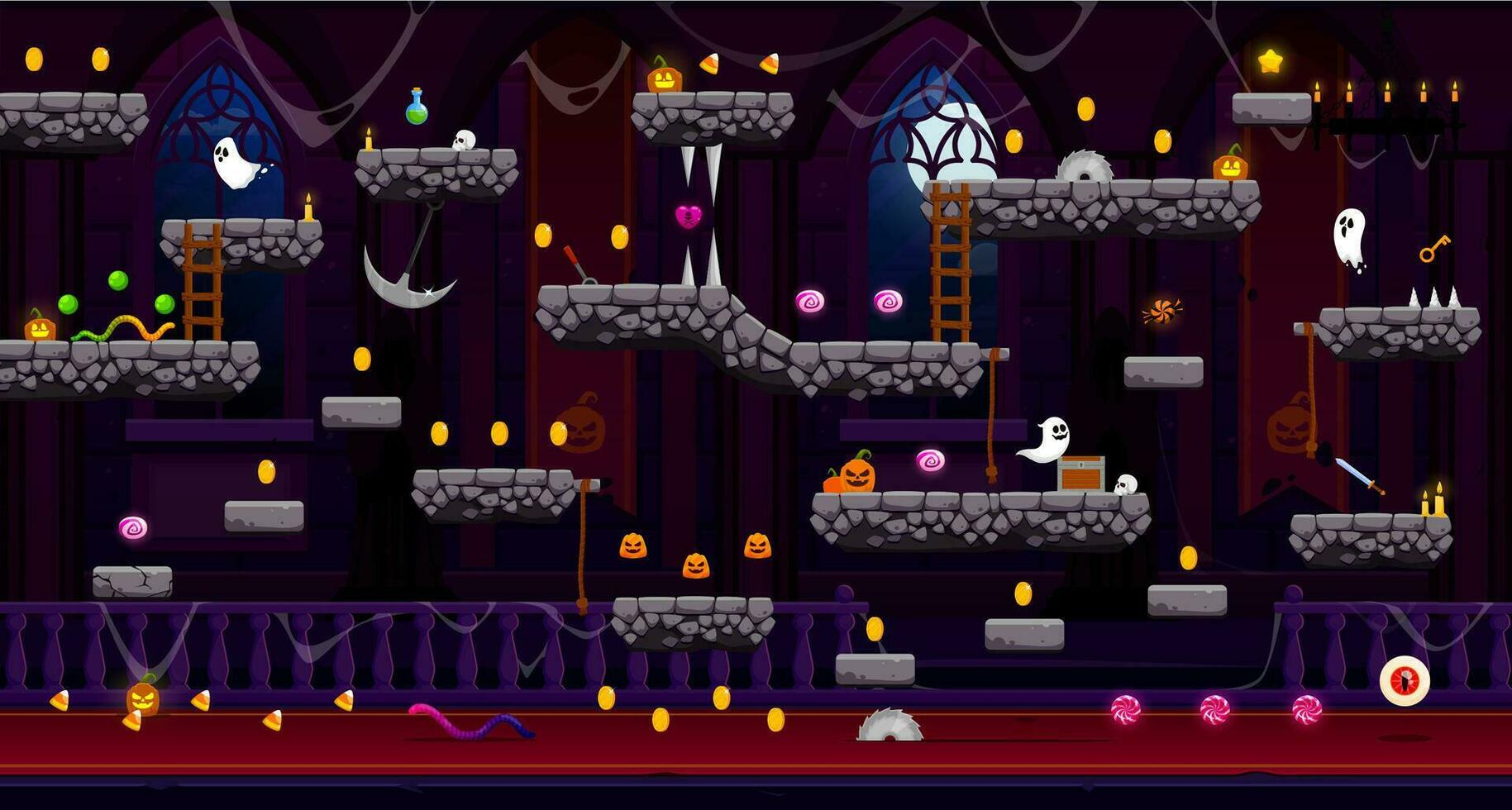 Arcade Medieval Halloween castle, game level map vector