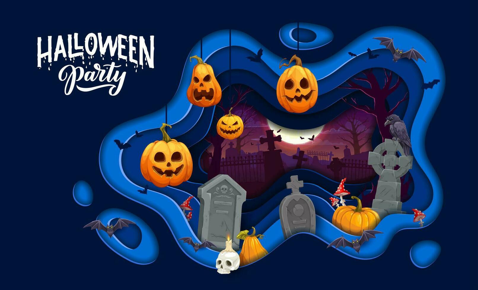 Halloween paper cut cemetery, horror pumpkin, bats vector