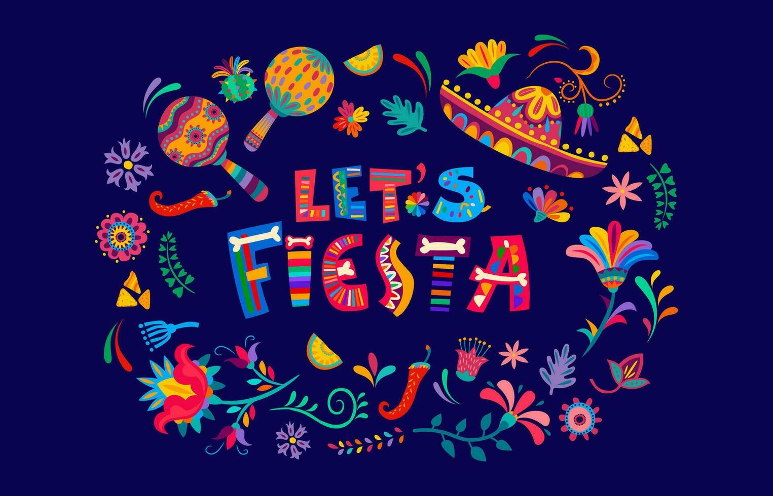 Mexican fiesta banner, sombrero, maracas, flowers vector