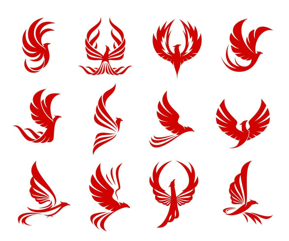 rojo fénix pájaro icono con fuego alas y plumas vector