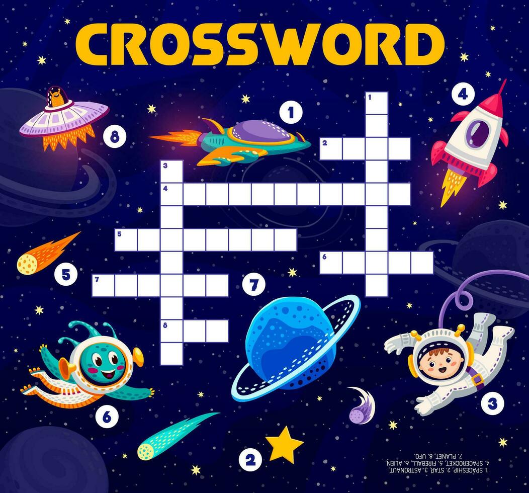 Space crossword quiz game with astronaut, rocket vector