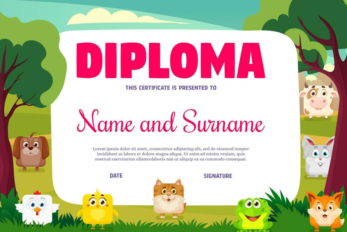 niños diploma, cuadrado animales caras o dibujos animados zoo vector