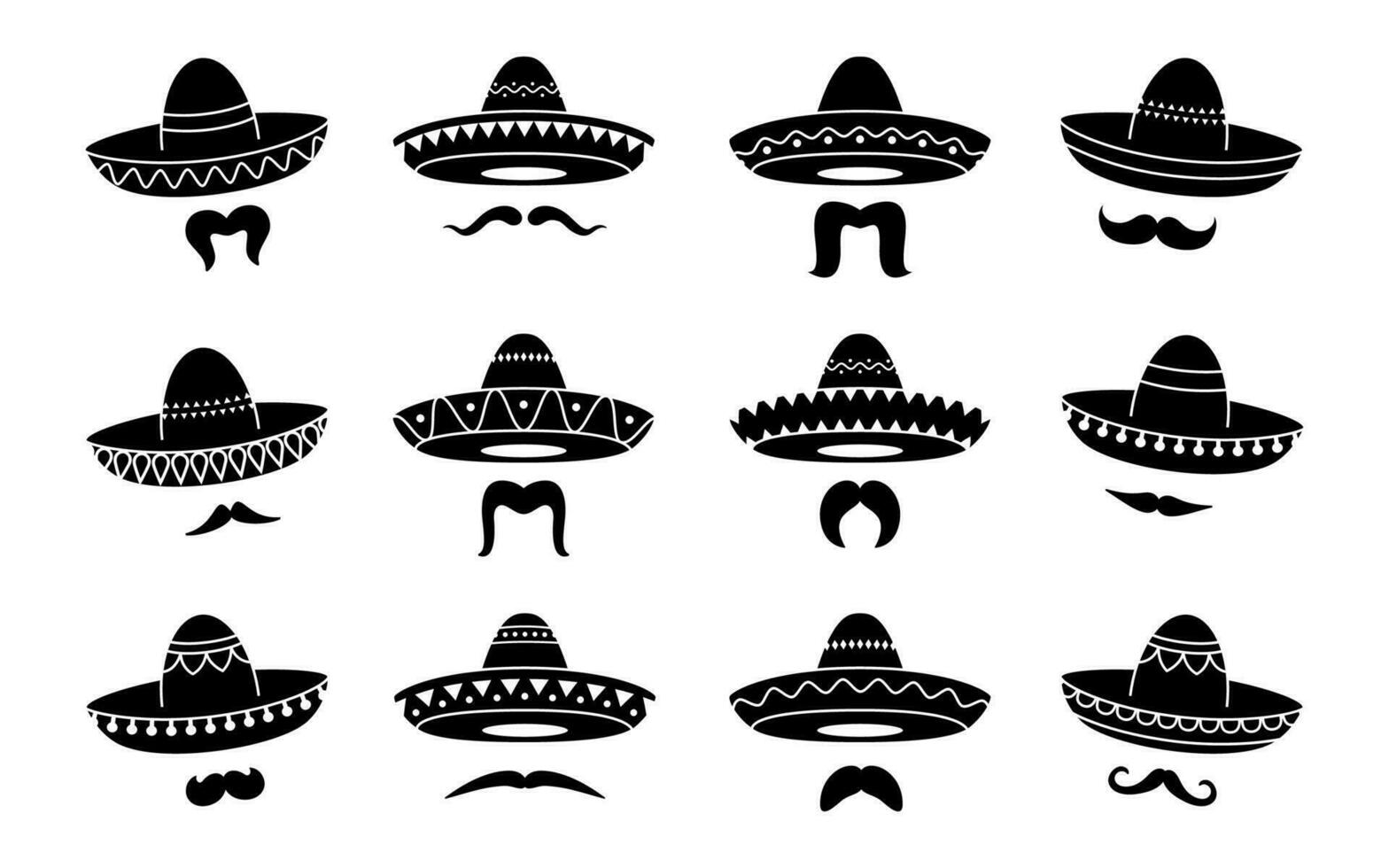 negro mexicano Mariachi sombrero sombrero y bigotes vector