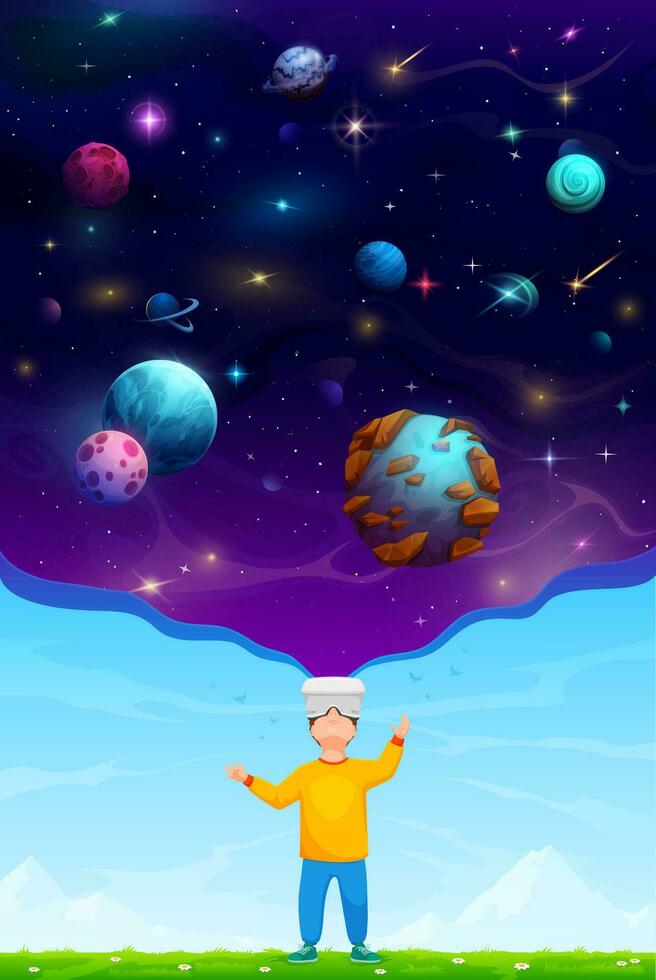 Boy in VR helmet looking into starry galaxy space vector