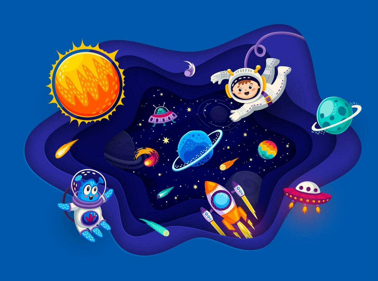 Space paper cut with planets, astronaut characters vector
