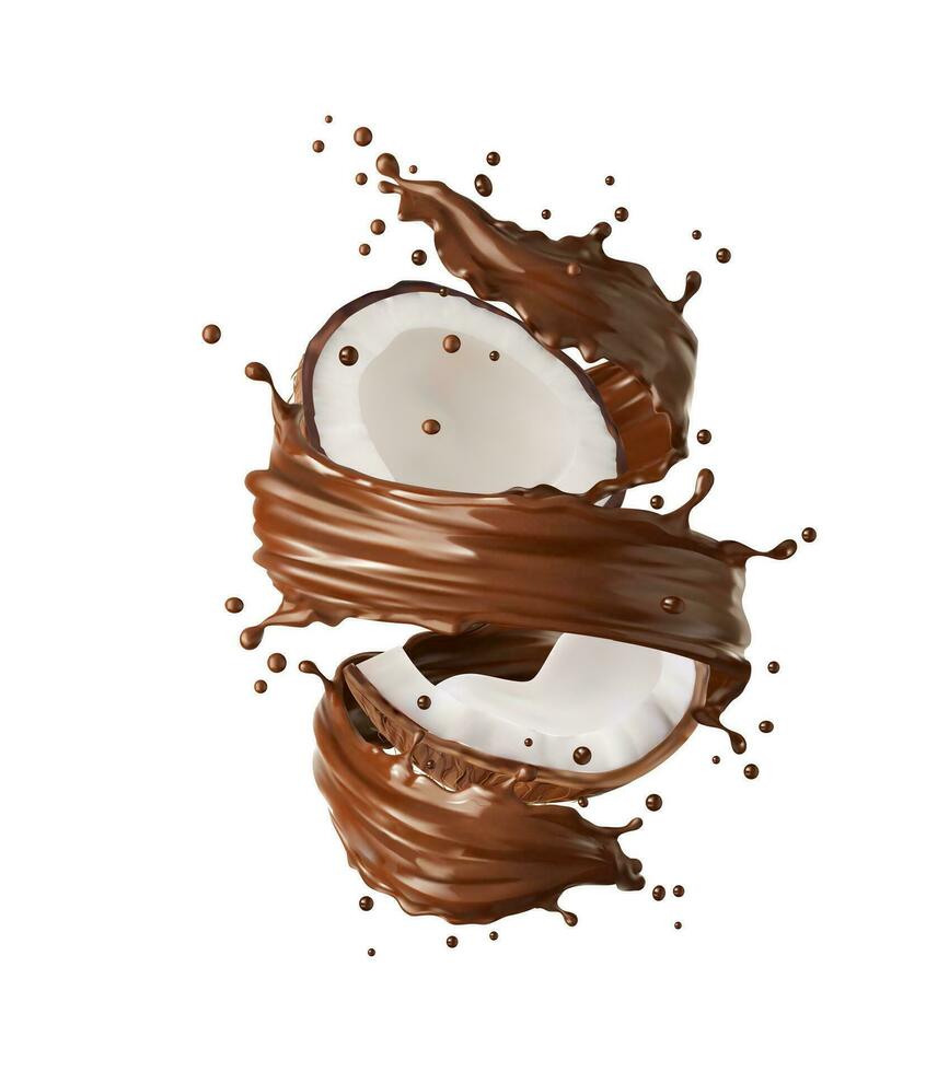 Coconut, realistic chocolate milk tornado splash vector