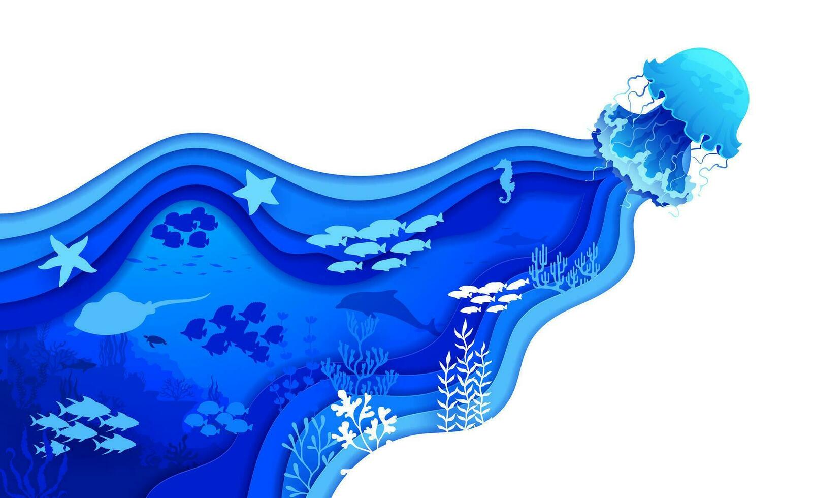 Blue jellyfish, sea paper cut underwater landscape vector