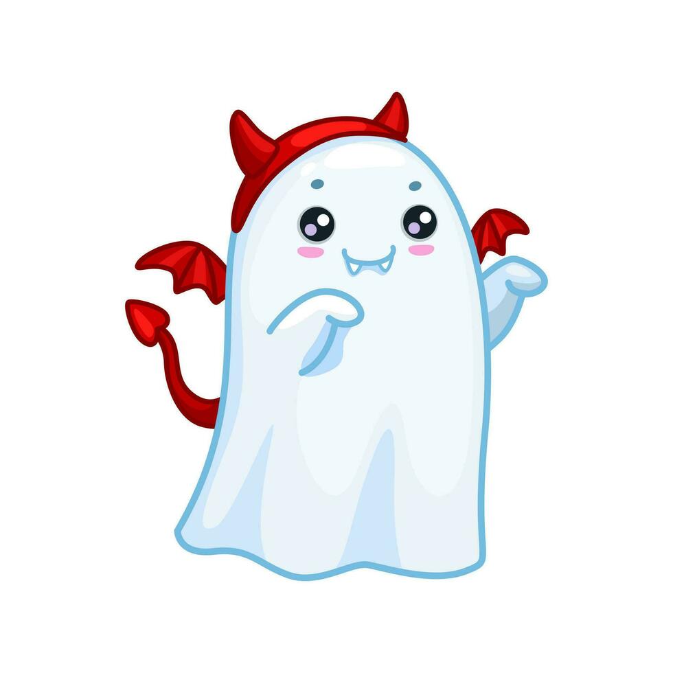 Halloween kawaii ghost wearing red devil horns vector
