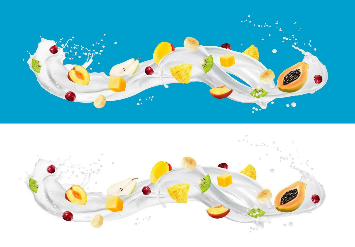 White milk yoghurt drink cream splash with fruits vector