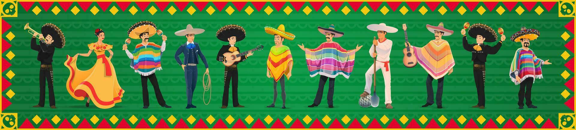 Mexican characters mariachi musicians and charros vector