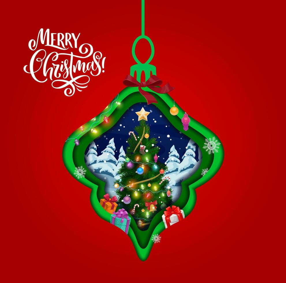 Double exposition, Christmas paper cut bauble vector