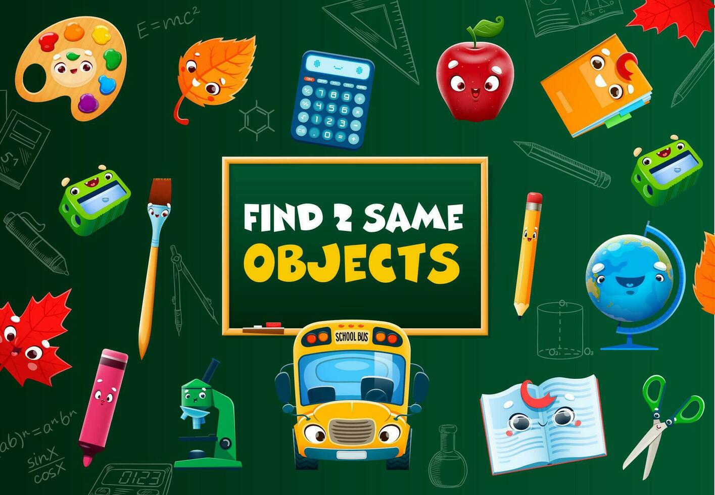 Find two same cartoon school stationery, kids game vector