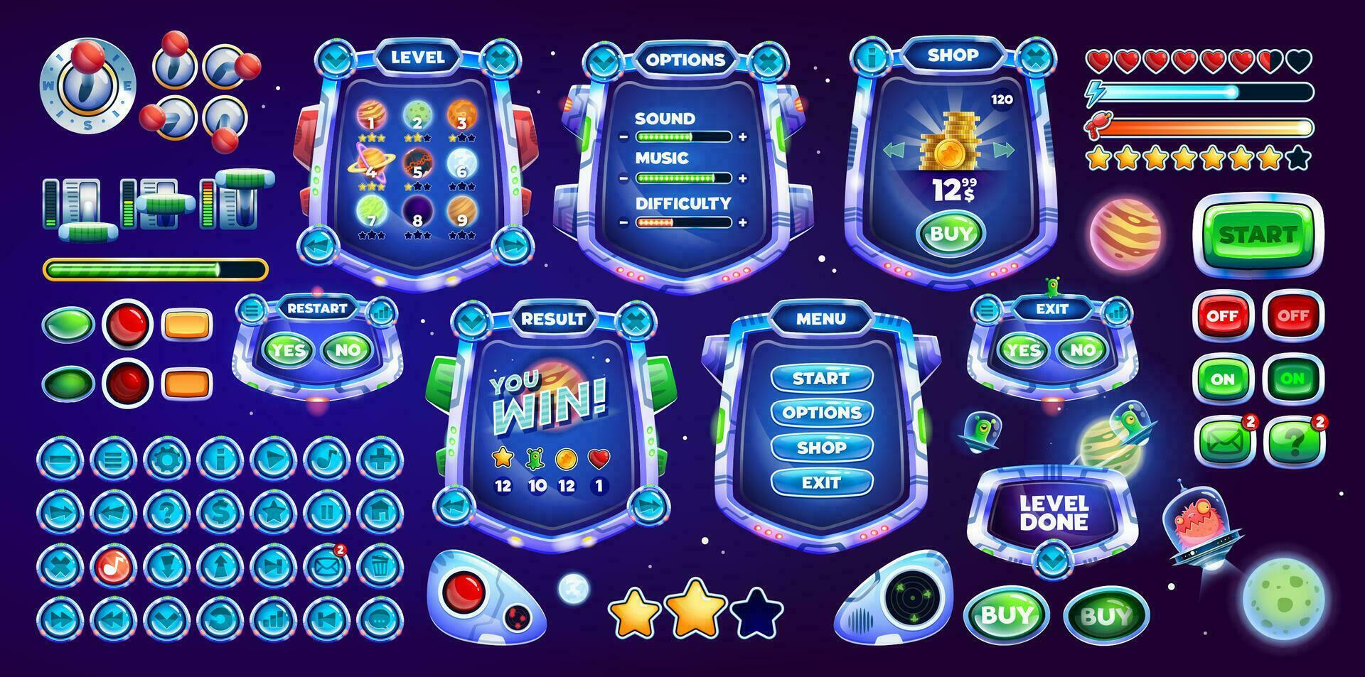 dibujos animados galaxia espacio juego interfaz, gui elementos vector